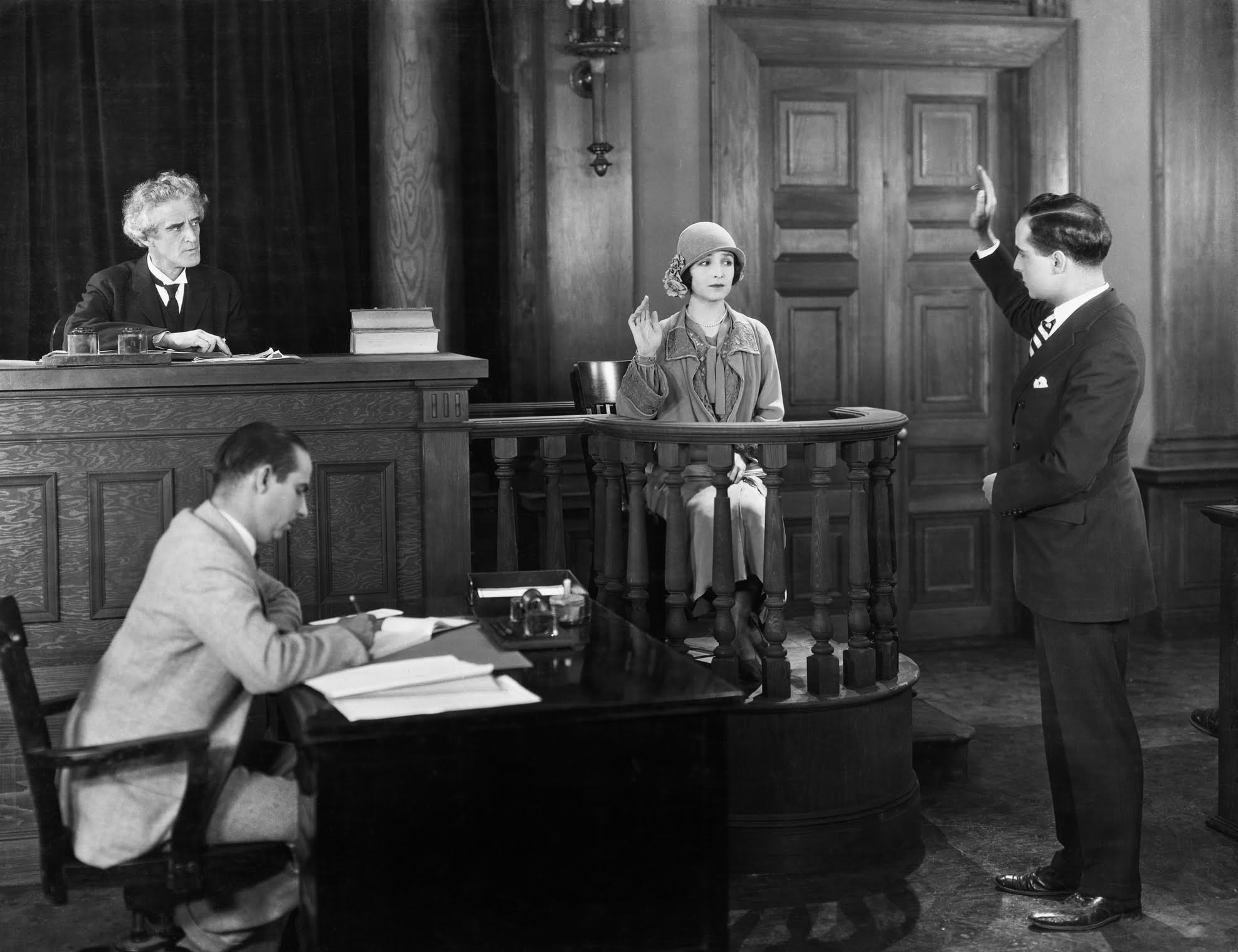 An old-time courtroom scene to illustrate prosecutorial misconduct