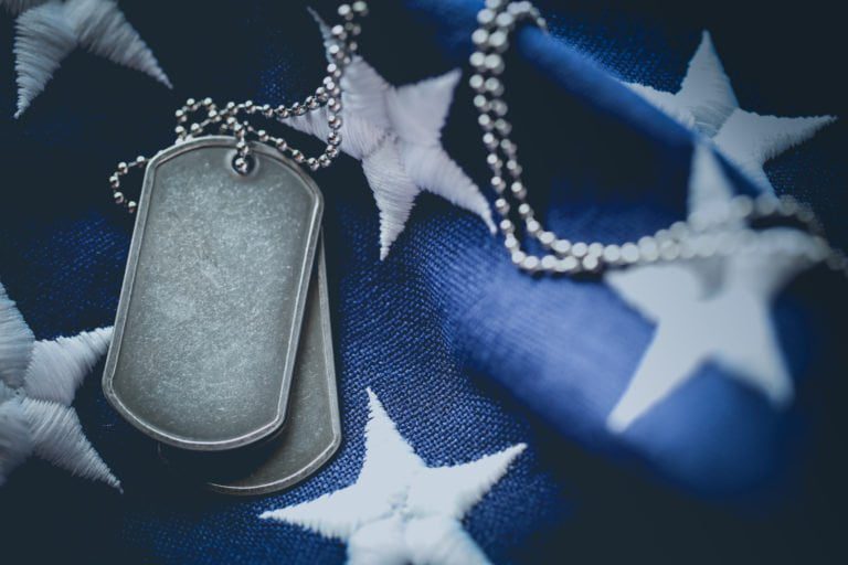 Worn Usa Military Dog Tags Close Up on Us American Flag